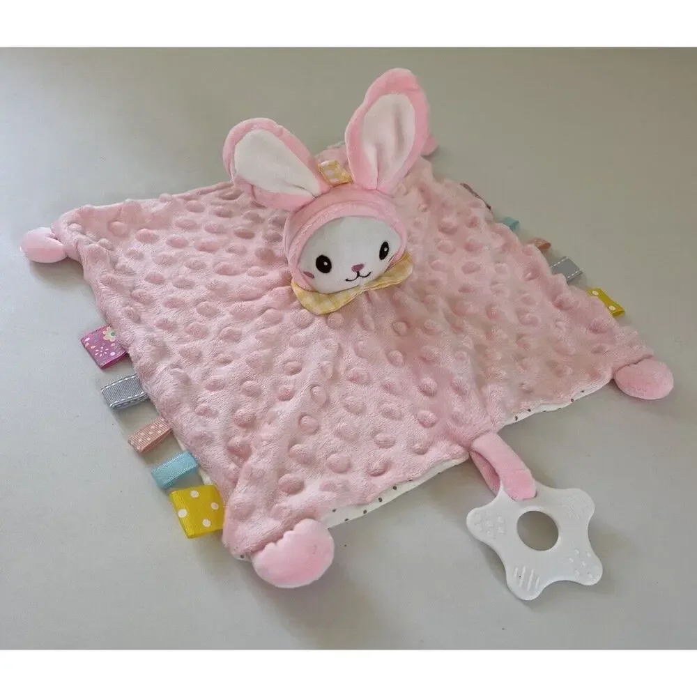 Pink Bunny Lovey Rattle Minky Dot Satiny Baby Tag Blanket Plush Teether